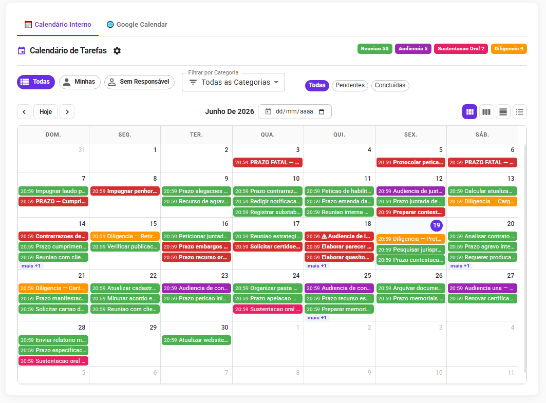 Calendário de tarefas do Liberty, com cards coloridos por urgência e filtros por responsável e categoria.